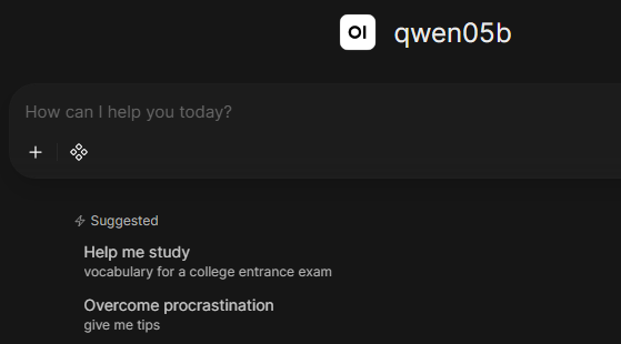 Cropped Open WebUI dark mode qwen05b chat screen preview